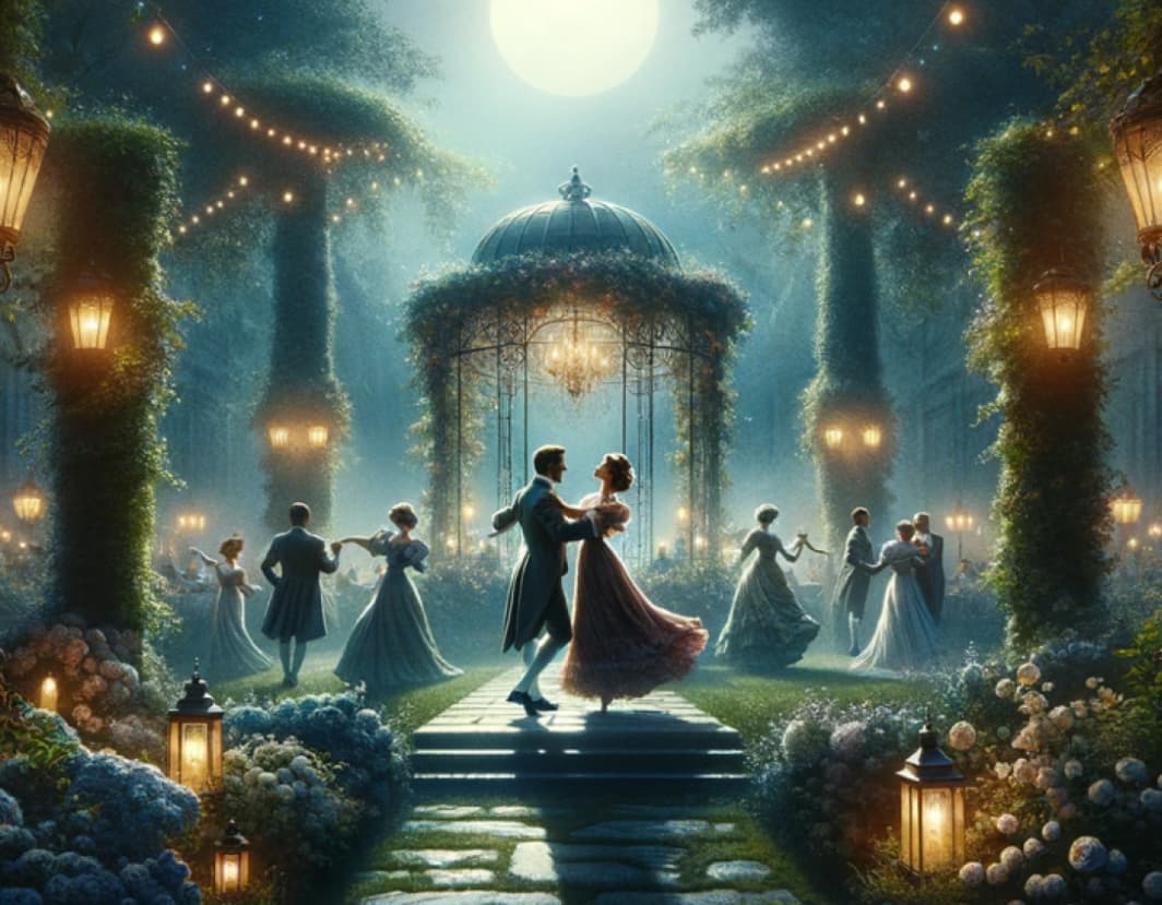 Couples waltz under moonlight in a whimsical midsummer garden