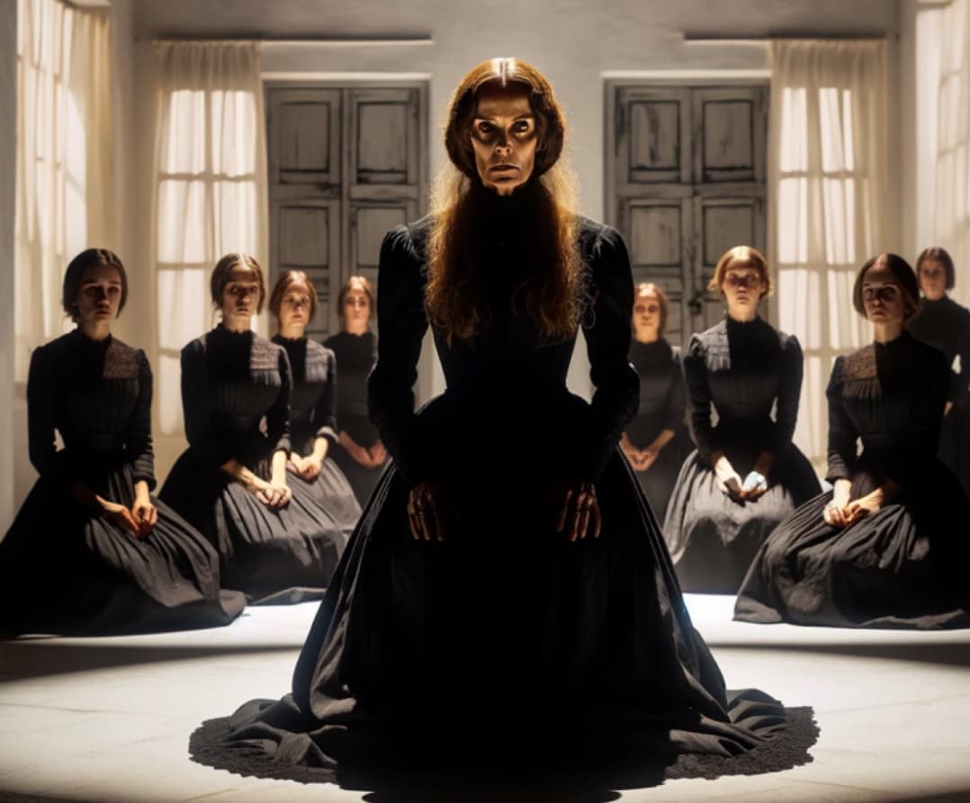 Bernarda Alba looms sternly over daughters in a sparse Spanish home