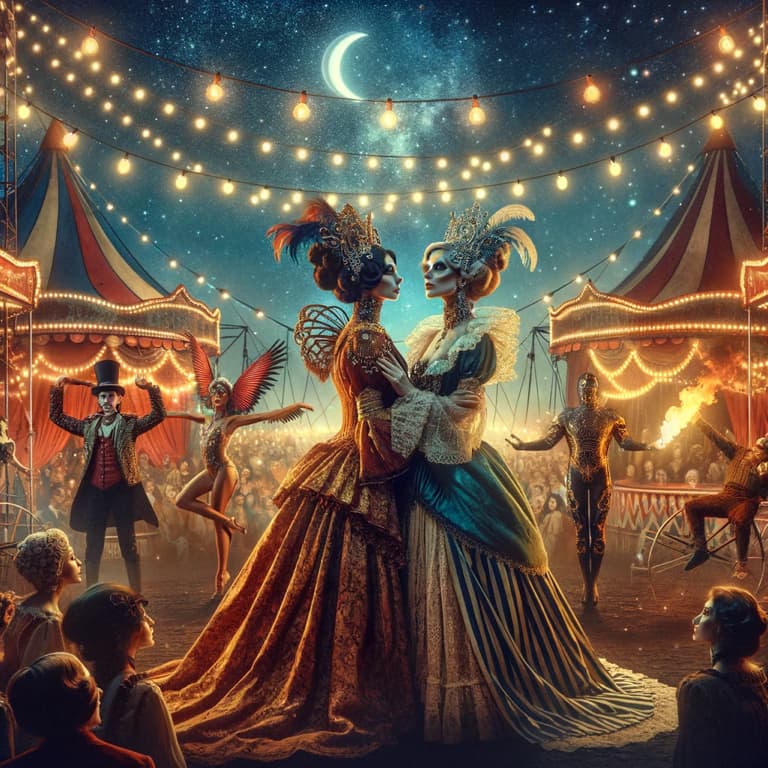 Carnival sideshow scene with performers under starry twilight